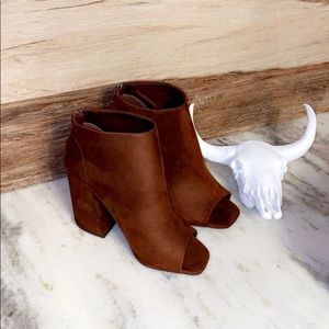 Coffee Suede Open-toe Heeled Booties